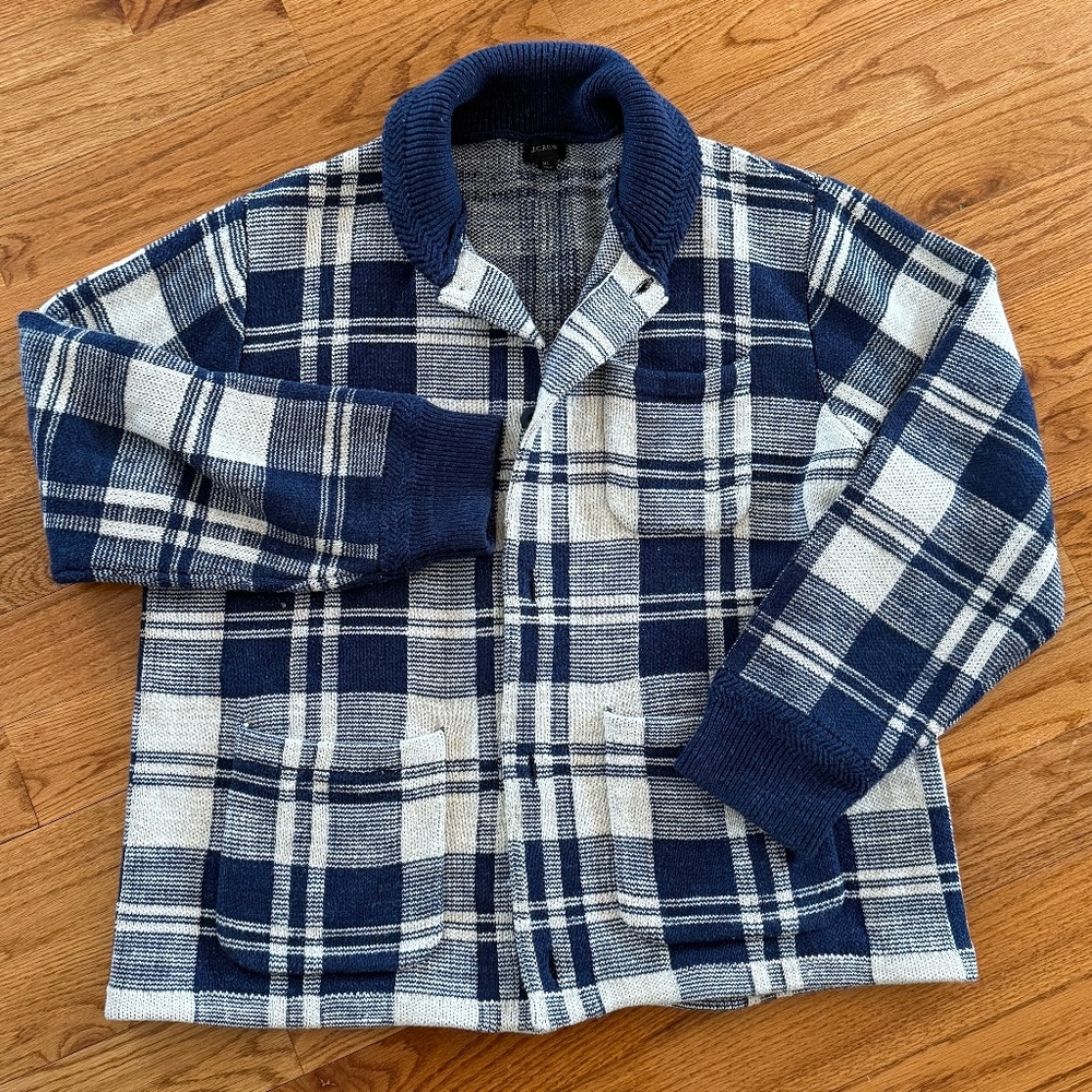 J Crew Mens Heavyweight cardigan sweater Blue plaid Size XL
